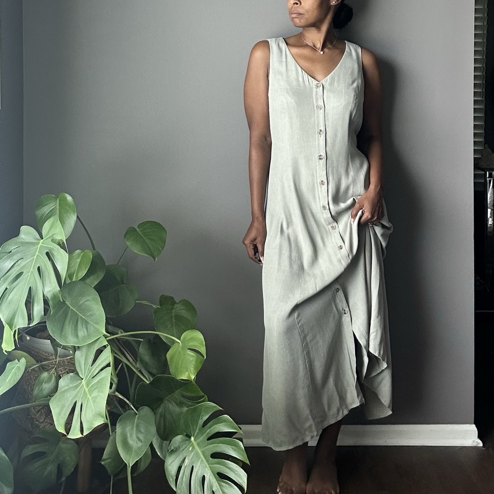 VTG SL FASHIONS Button Front Maxi Dress Size 16 Sage Green Whimsygoth Grunge